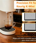 Snap-On Drip Tray Cover For Keurig K-Mini Coffee Maker With Precision 4.5-Inch Base Fit, shown installed catching drips