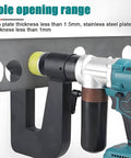 Cordless Hydraulic Hole Puncher With Dual Batteries Heavy Duty Metal Punch Tool in use on metal plate.