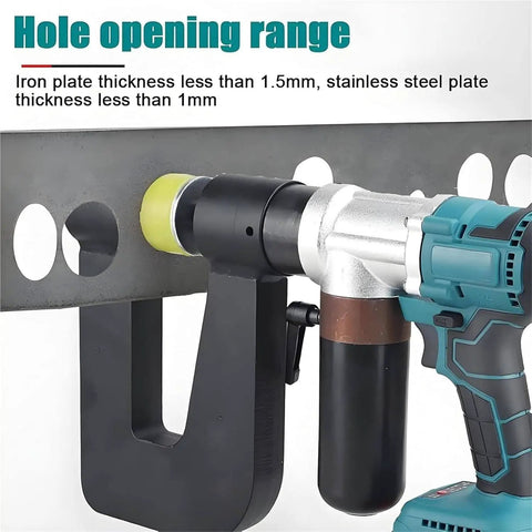 Cordless Hydraulic Hole Puncher With Dual Batteries Heavy Duty Metal Punch Tool in use on metal plate.