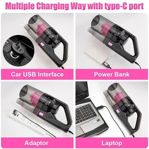 Cordless Car Vacuum Cleaner 8000Pa Powerful Suction, Rechargeable Handheld with multiple charging options including USB.