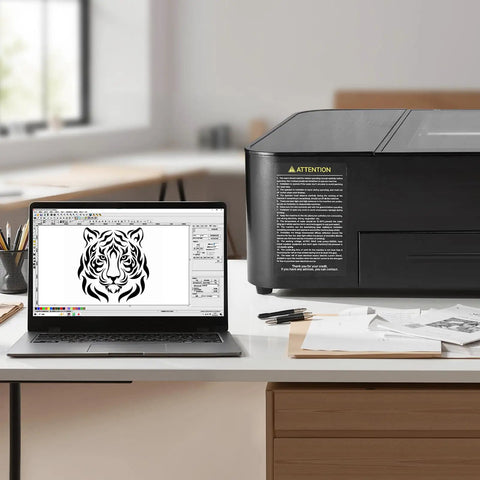 55W CO2 Laser Engraver And Cutter With 20x12 Inch Working Area Desktop Machine next to laptop displaying tiger design.