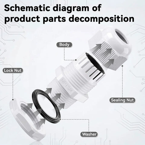 Schematic diagram of 100 Pack 3/4 In NPT Grey Nylon Cable Gland Waterproof IP68 PA68 Adjustable Locknut Cord Grip components