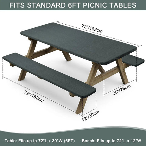 Fitted Picnic Tablecloth 3 Piece Set With Bench Covers And Built In Storage Pouch on picnic table, grey color, 6ft size