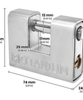 Armored High Security Padlock With Anti Drill Cylinder And Heavy Duty Steel Casing, 0.67 Inch Shackle Clearance, Dimensions Shown