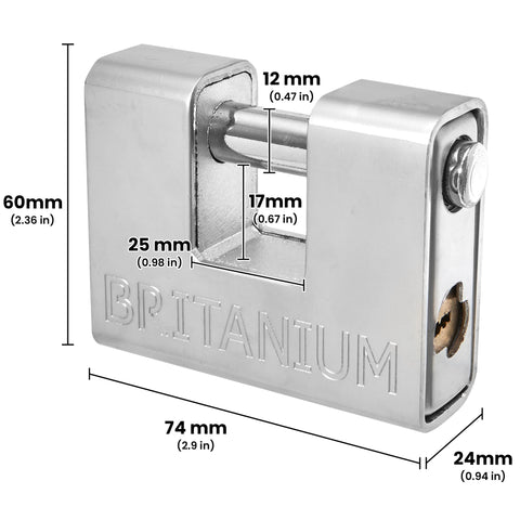 Armored High Security Padlock With Anti Drill Cylinder And Heavy Duty Steel Casing, 0.67 Inch Shackle Clearance, Dimensions Shown