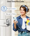 Slick Keyless Entry Door Lock Handle With Built In Keypad In Satin Nickel, Takes Up To 20 Custom Pins Plus Guest Codes, woman using keypad.