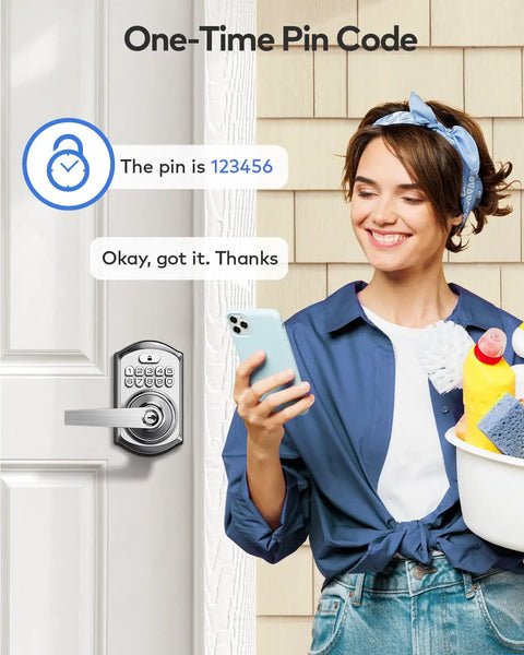 Slick Keyless Entry Door Lock Handle With Built In Keypad In Satin Nickel, Takes Up To 20 Custom Pins Plus Guest Codes, woman using keypad.