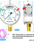 Diagram of Stainless Steel Silicone Oil Filled Pressure Gauge 0-300 Psi 1/4 NPT 2.5 Inch Dial with measurements and teflon tape