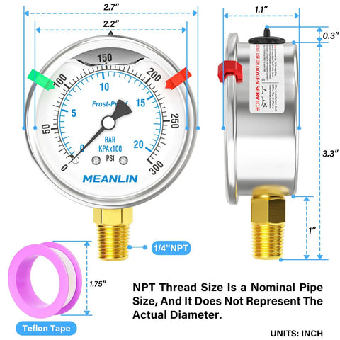 Diagram of Stainless Steel Silicone Oil Filled Pressure Gauge 0-300 Psi 1/4 NPT 2.5 Inch Dial with measurements and teflon tape