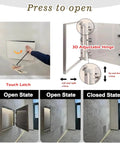 No Hassle Waterproof Drywall Access Panel Featuring Sleek Concealed Tile Finish For HVAC Systems and Sprinkler Valves showing touch latch and 3D adjustable hinge.