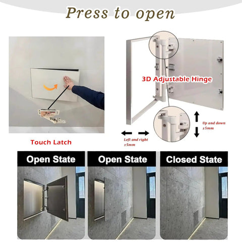 No Hassle Waterproof Drywall Access Panel Featuring Sleek Concealed Tile Finish For HVAC Systems and Sprinkler Valves showing touch latch and 3D adjustable hinge.