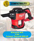 Milwaukee M18 compact vacuum 0882-20 in workshop, highlighting compatibility with HEPA filters for dust and motor protection.