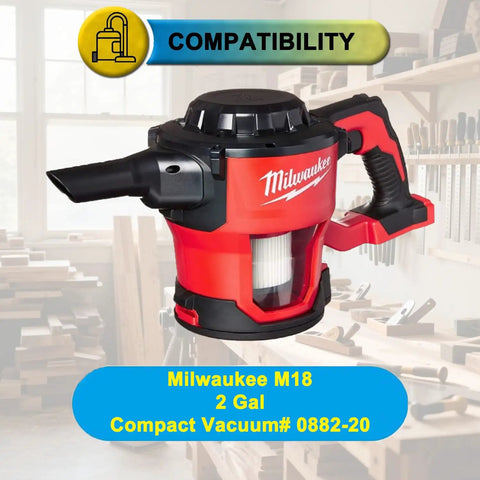 Milwaukee M18 compact vacuum 0882-20 in workshop, highlighting compatibility with HEPA filters for dust and motor protection.