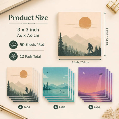 Cryptid And Space Sticky Notes Set Of 12 Three By Three Inch Self Stick Memo Pads With Four Each Bigfoot Nessie And UFO Designs