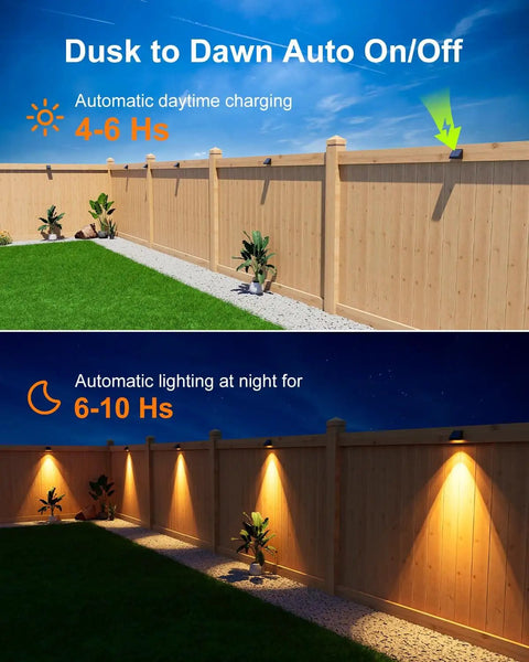 8 Pack Solar Fence Lights With Warm White LED Spot Lens on wooden fence, showcasing daytime charging and nighttime illumination.