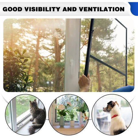 Inserting 304 Stainless Steel Window Screen Mesh Roll 47 Inch By 98 Ft into window frame for insect protection with pets nearby.