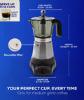 Electric Moka Pot 6 Cup Cuban Espresso Maker With Detachable Base shown with dimensions and reusable filter, no stove needed.