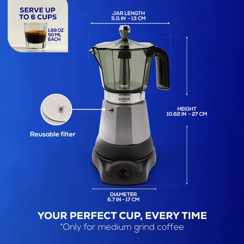 Electric Moka Pot 6 Cup Cuban Espresso Maker With Detachable Base shown with dimensions and reusable filter, no stove needed.