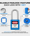 Lockout Tagout Locks Set With 10 Blue Padlocks Keyed Alike One Key Per Lock OSHA Compliant showing padlock features