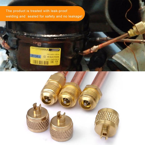Ten Pack Service Access Valve For Refrigeration And Air Conditioning Systems, One Quarter Inch SAE To One Quarter Inch OD Copper Tube Stem, 2.95 Inch Length, HVAC Tube Filling Parts Kit For AC Maintenance And Car Accessories showcased with brass connections for leak-proof operation.