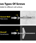 Two types of screws for wall mounting: plastic anchor for cement wall and drywall anchor for drywall surfaces.
