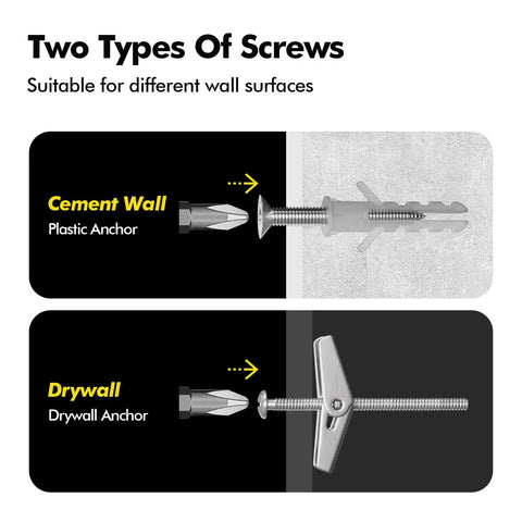 Two types of screws for wall mounting: plastic anchor for cement wall and drywall anchor for drywall surfaces.