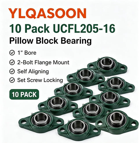 Ten Piece Set Heavy Duty Cast Iron Pillow Block Bearings 1 Inch Bore Two Bolt Flange Replacement For UCFL20516 Fits Farms Conveyors Garage Doors Manufacturing Systems Superior Vibration Resistance Long Last Performance For Workhorse Tasks. 10 pack