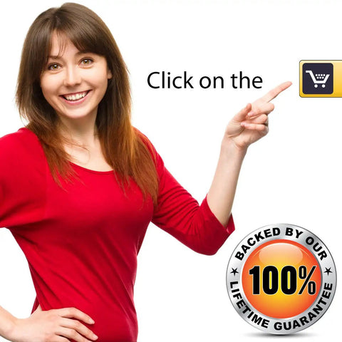 Smiling woman in red pointing to shopping cart icon with 'Backed by Lifetime Guarantee' badge