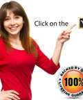 Smiling woman in red pointing to shopping cart icon with 100% lifetime guarantee badge