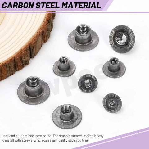 Heavy Gauge Carbon Steel Tee Nut Assortment Kit Including 85 Pieces In Five Core M4 Through M10 Threads on a wooden surface.
