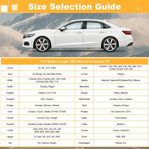 Side view of a white sedan with size selection guide for All Weather 16 Layer Car Cover Waterproof Heavy Duty Outdoor Vehicle Cover.