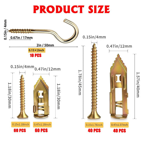 Product sizes for Self Drilling Drywall Anchors and Screws Kit, 210-Piece Heavy Duty Zinc Plated Steel Expansion Anchors