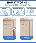 Illustration showing Touch Up Paint Kit With Matte Finish For Drywall Concrete Brick Tile Doors And Cabinets Multi Tone Gray Repair Kit Quick Dry Low Odor Ultra Low VOC No Sanding Or Primer Needed 3 Pack application process and results on cabinet surface.
