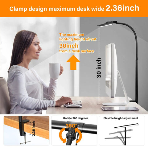 Woman using clip on desk lamp with clamp 360 degree swing arm gooseneck task light for office and home, eye friendly LED.