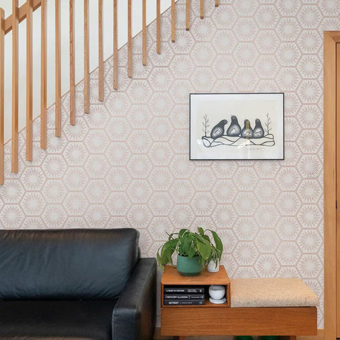 Room with metallic autumn bronze hello sunshine peel and stick wallpaper removable self adhesive honeycomb geometric design for bathrooms and kitchens easy install no mess no paste 20.5 in by 16.5 ft made in the USA.