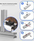 Diagram showing installation of 10 pack cable holder groove clips for European standard 4545 aluminum profiles in black nylon.