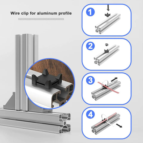 Diagram showing installation of 10 pack cable holder groove clips for European standard 4545 aluminum profiles in black nylon.