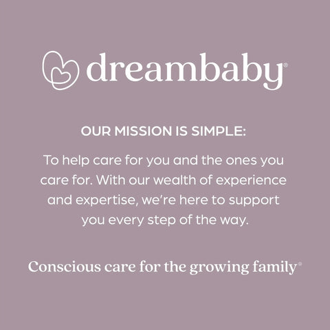 Dreambaby mission statement in white text on lavender background, emphasizing support and care for families.
