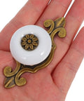 Retro Ceramic Cabinet Knobs With Back Plates, Vintage Porcelain Drawer Pulls in a hand, showing design and size