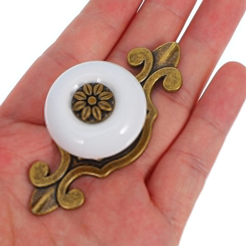 Retro Ceramic Cabinet Knobs With Back Plates, Vintage Porcelain Drawer Pulls in a hand, showing design and size