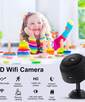 1080P HD WiFi Mini Nanny Cam With Night Vision And Motion Detection for indoor security next to playing child