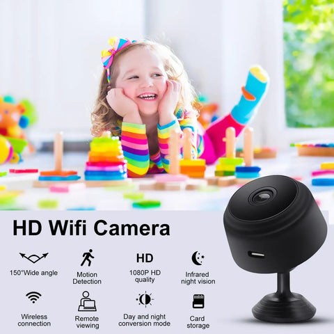 1080P HD WiFi Mini Nanny Cam With Night Vision And Motion Detection for indoor security next to playing child