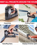 6 in 1 Heavy Duty Staple Gun and Brad Nailer Kit used on various DIY projects like wiring, crafting, chair repair, and hanging lights
