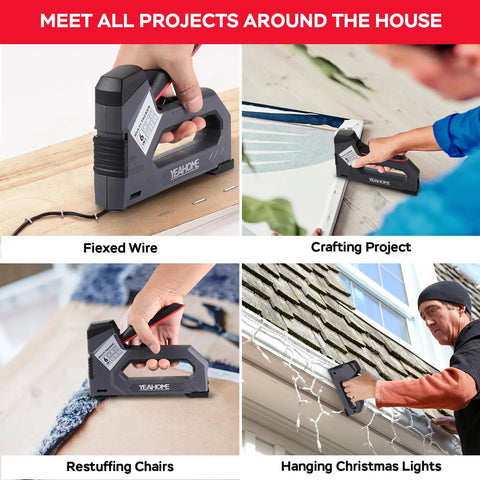 6 in 1 Heavy Duty Staple Gun and Brad Nailer Kit used on various DIY projects like wiring, crafting, chair repair, and hanging lights