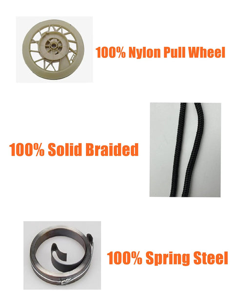 Universal Pull Start Assembly components including nylon wheel, braided cord, and spring steel for Honda and clone engines.