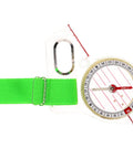 Directional Thumb Orienteering Compass Tool For Fast Positioning And Quick Trail Nav with green strap, top view.