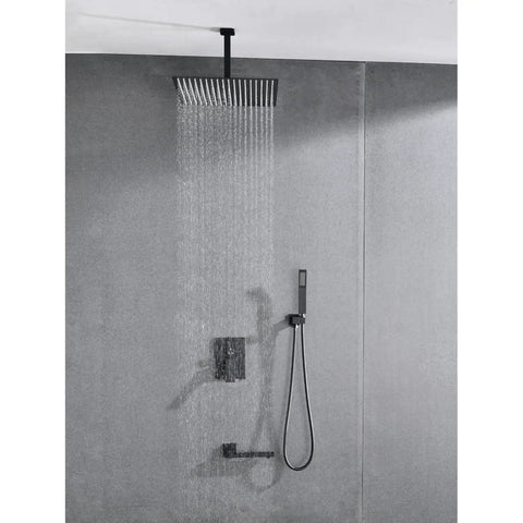 Shower System Combo with Hand Shower, 16-inch and tub spout, featuring a matte black finish and contemporary design.