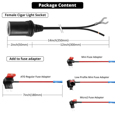 Fuse Tap Kit With 14 Inch 12V Female Cigarette Lighter Socket Hardwired Battery Direct Wire Harness for car electronics