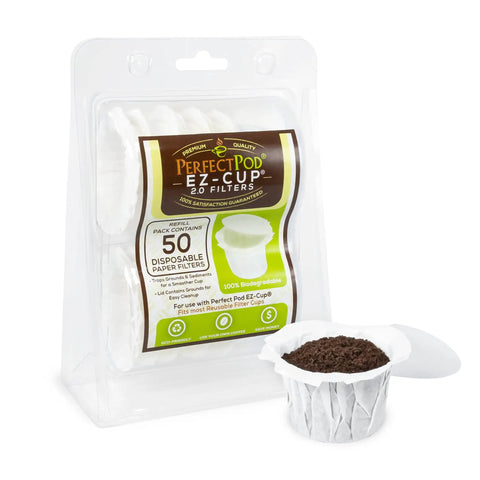 Pack of 50 EZ-Cup disposable paper filters and a single serve coffee filter with grounds, compatible with EZ-Cup 2.0 machine.