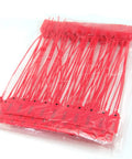 Built To Last Plastic Tamper Seals With Serial Numbers 250mm Self Locking Zip Tie Tags In Red in a plastic bag, top view.